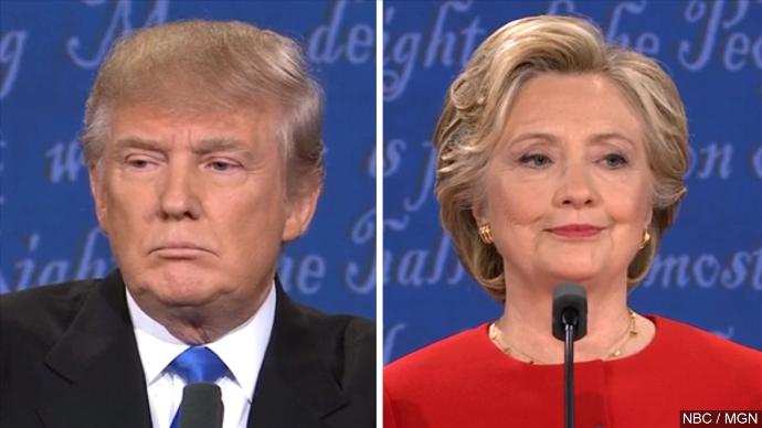 Donald Trump, left, and Hillary Clinton are seen in a screen shot taken from a debate from earlier in the election season.
