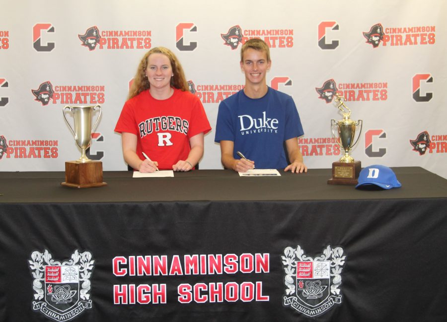Seniors Lily Black and Mike Ungvarsky sign their letters of intent with their respective colleges on Tuesday, November 15.