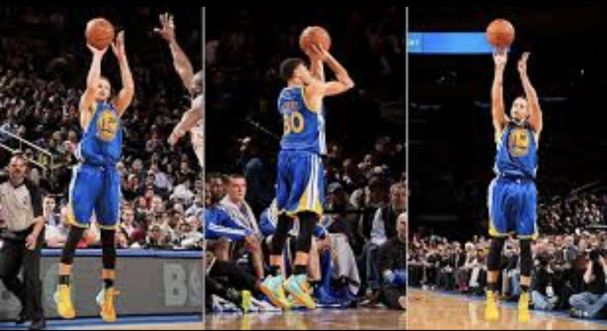 Steph Curry shoots threes for his Golden State Warriors team.