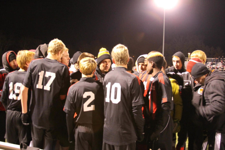 Mr. Meile addresses his troops before the state soccer semifinal game where the Pirates came back to win the game against Governor Livingston in 2014.