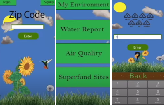 The app interface is user friendly, focusing on easy to use components, and simple coordinating graphics. The center shows some of the different features of the app, and the right shows the app’s plastic scanning component. Photo Courtesy of EnviroScan
