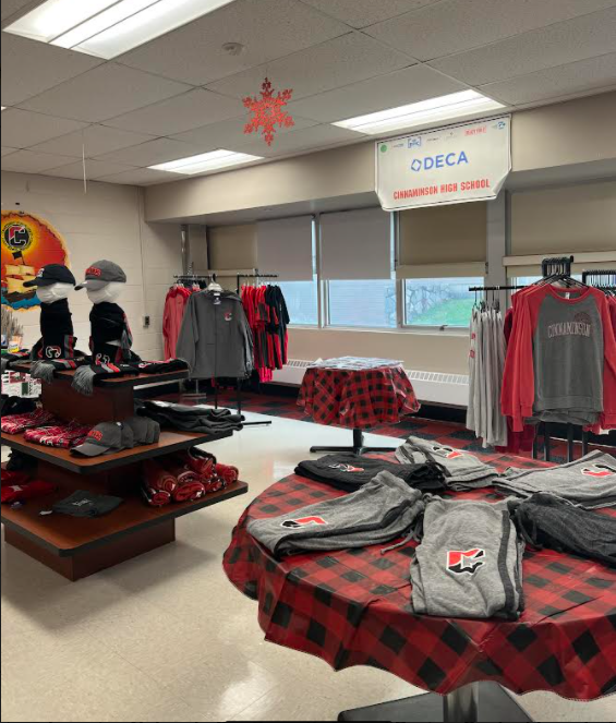 The Student Store, run by CHSs DECA chapter, has products such as Cinnaminson joggers, Pirate drawstring bags, and Cinnaminson scarves. (photo courtesy of Cate Harding) 