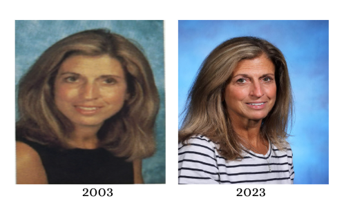 (Photos Courtesy of The Buccaneer Yearbook) Mrs. Bennett poses for her first and last yearbook photos as a staff member at CHS.