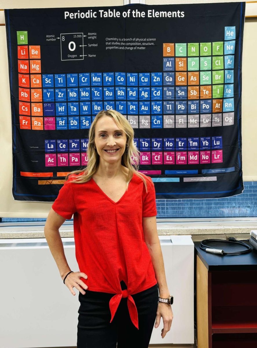 (Courtesy of Ms. Breen)  Smiling in her new classroom, Breen is now a Pirate after previously teaching at Cherry Hill East.