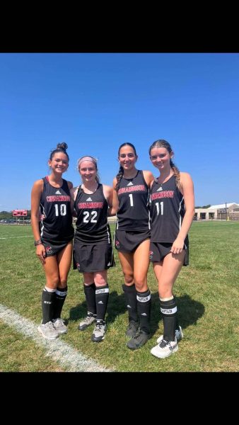 (Photo Courtesy of Lila McDermott) Field Hockey Captains Ally Yodis, Lauren Brown, Olivia Marinelli, and Lila McDermott led the team to the third round in playoffs. 