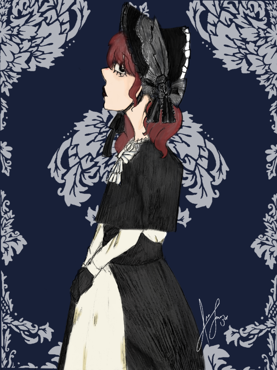 (Courtesy of Ana Luisa Souza Ayres) Drawn by Ayres, this illustration represents one of the popular styles in the community: Gothic Lolita.

