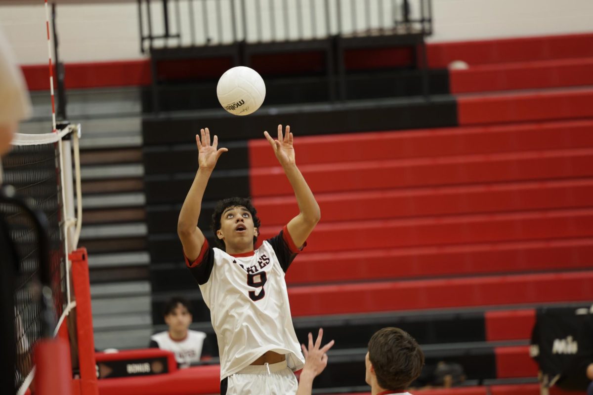 (Courtesy of The Buccaneer)
Junior Jaiden Shimp sets up for a spike at the net.